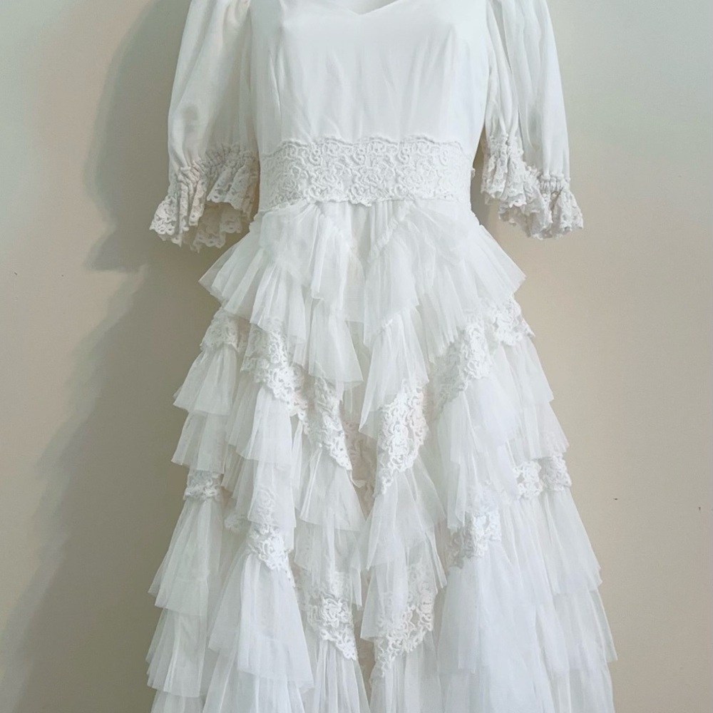 JessaKae White Tiered Lace Puff Sleeve Wedding Dress - Picture 13 of 13